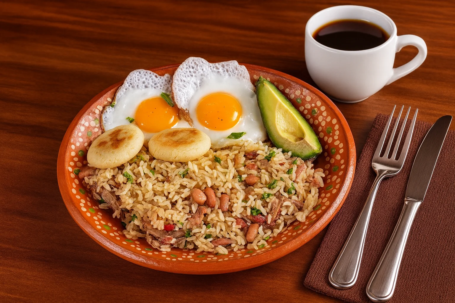 Calentao colombiano con arroz, frijoles y huevo frito