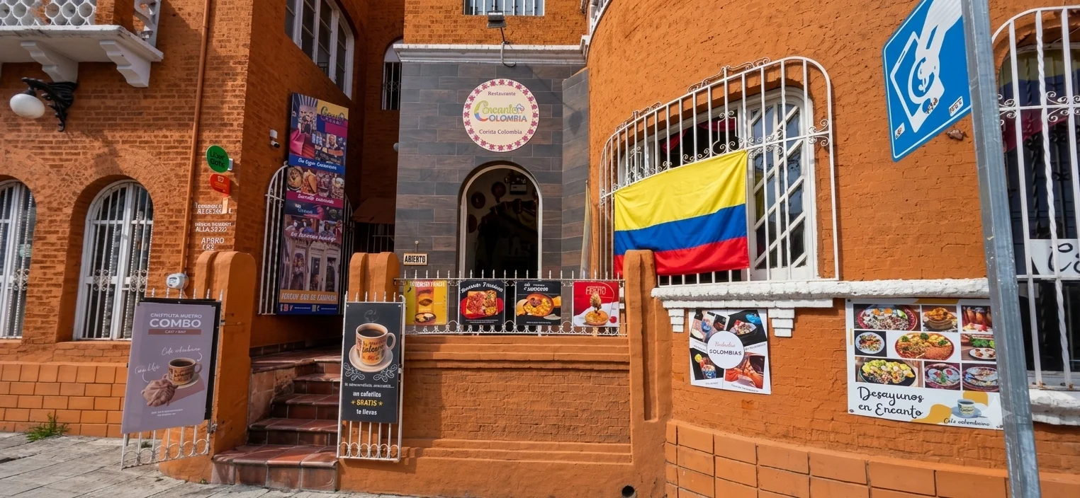 Entrada de Encanto Colombia con la bandera de Colombia y el letrero del restaurante