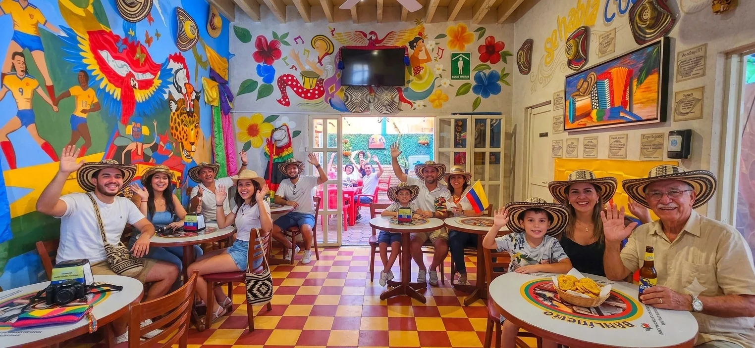 Familia disfrutando una comida en Encanto Colombia